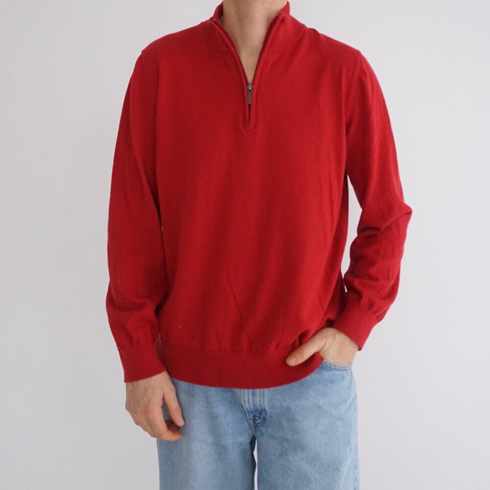 Vintage LL Bean Red Quarter Zip Cotton Cashmere Fine Knit Sweater Pullover L